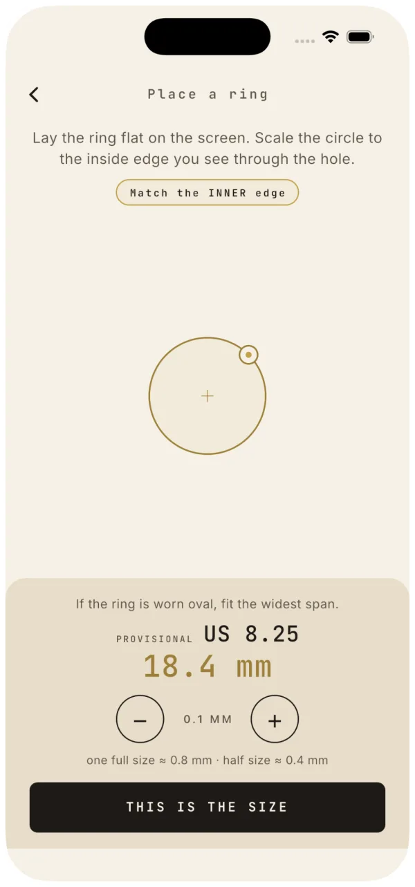 Mesurix ring sizer result screen showing a US 7¾ size with the millimetre diameter and the UK, EU and JP conversions