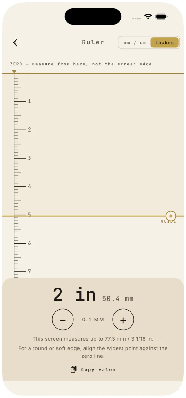 Mesurix on-screen ruler in inches with a zero line and a movable guide, reading two inches